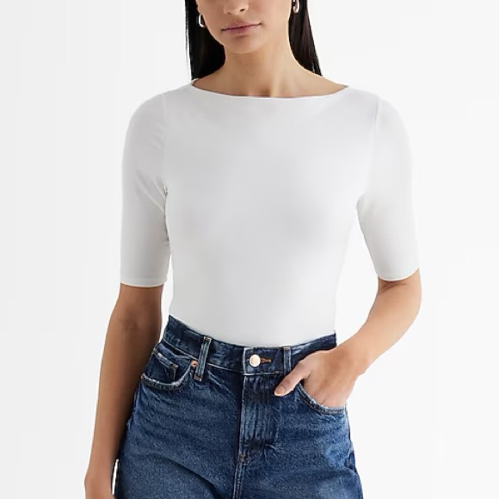 Express White Half Sleeve Boat Neck Women's Top